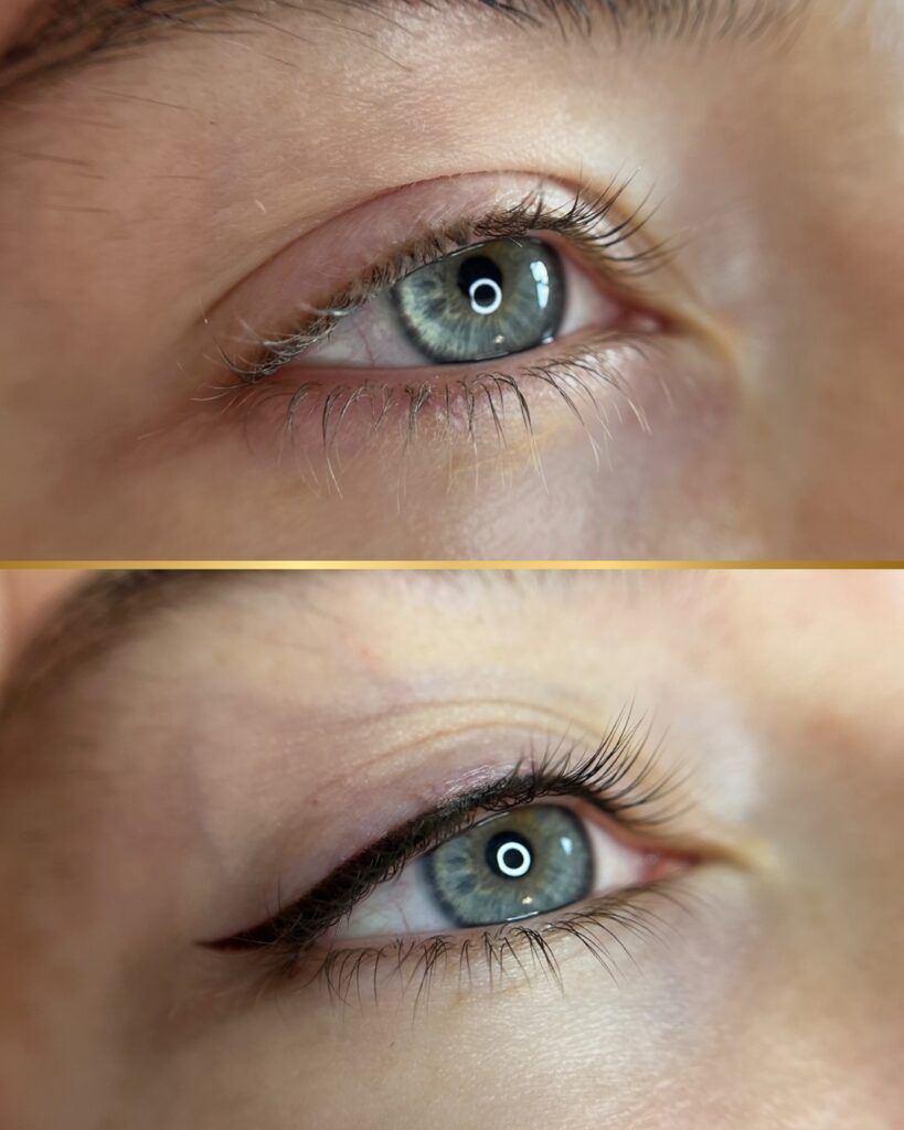 Before and after close-up of a blue eye. The top image shows the eye before permanent makeup, and the bottom image shows classic eyeliner tattoo, which is a wearable every day liner with a subtle wing that defines the upper lash line and elongates the eye.