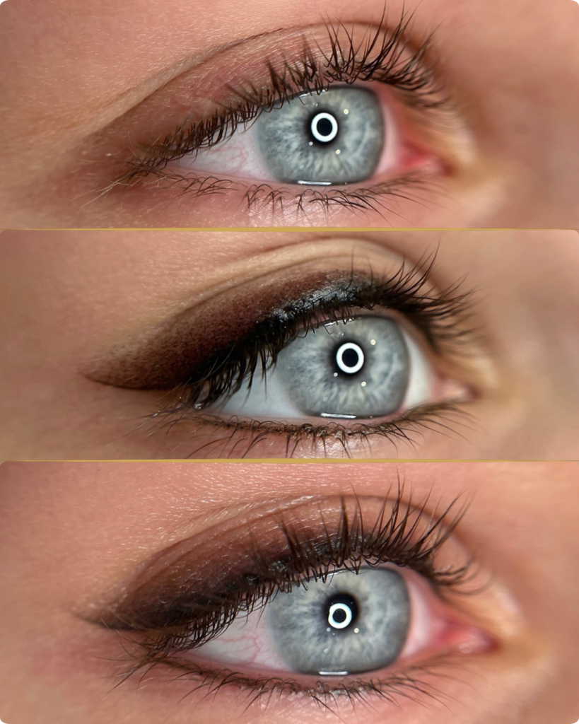 Before and after close-up of a blue eye. The top image shows the eye before permanent makeup, the middle photo is immediately after a shaded winged eyeliner tattoo, which gives a soft gradient from dark into light onto the eyelid. The bottom image shows the eyeliner fully healed.
