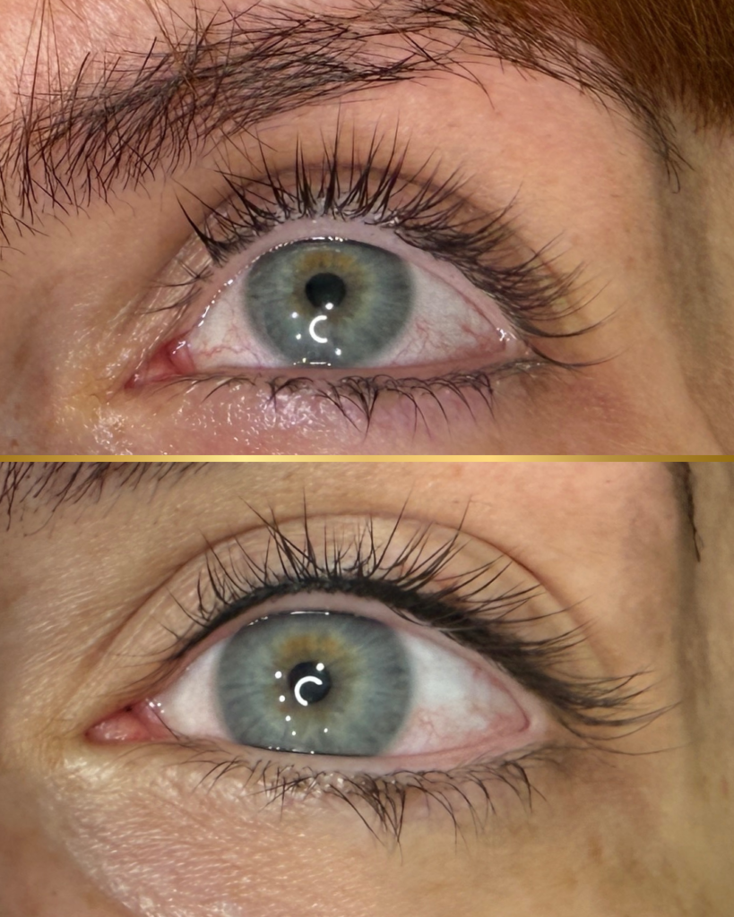 Before and after close-up of a blue-green eye. The top image shows the eye without permanent makeup, and the bottom image shows lash enhancement eyeliner applied, creating a thin, natural dark line at the base of the upper lashes.
