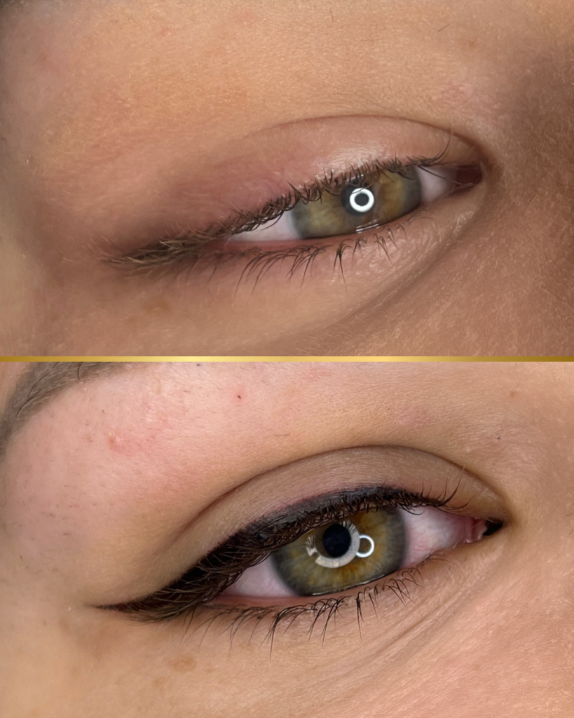 Before and after close-up of a hazel eye. The top image shows the eye before permanent makeup, and the bottom image shows a winged eyeliner tattoo creating a subtle cat-eye shape along the upper lash line.
